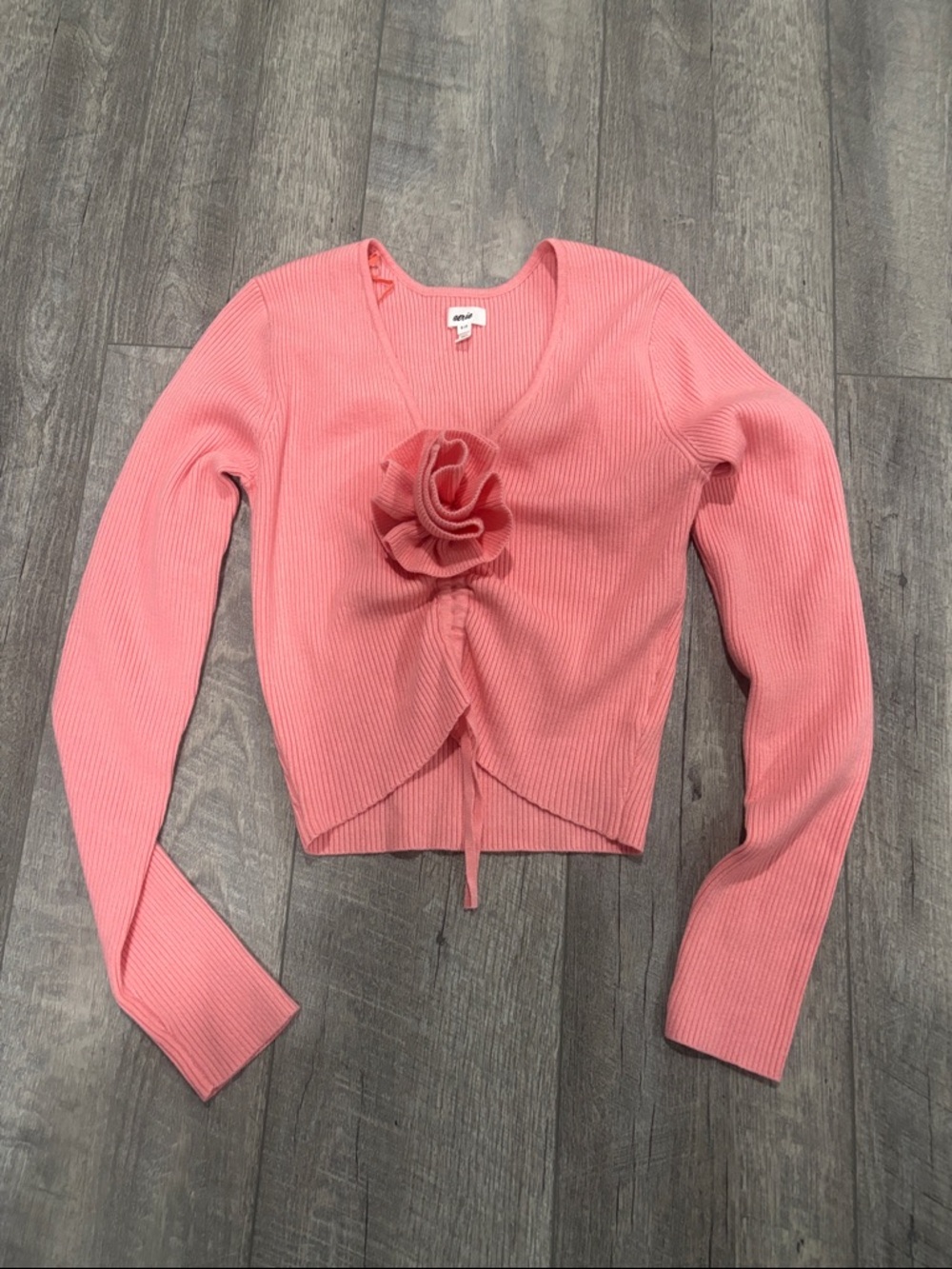 aerie Ribbed Pink Scoop Neck Cardigan with Front Tie Detail